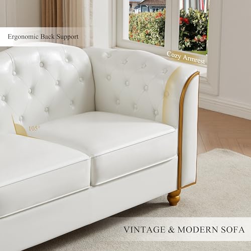 Image of HITHOS 78 inch Leather Sofa Couch, Soft 3 Seater Sofa Couches for Living Room, Button Tufted Comfy Couch Modern Sofa with Upholstered Cushion, Gold Trim, Solid Wood Legs for Dorm Bedroom Apartment, White