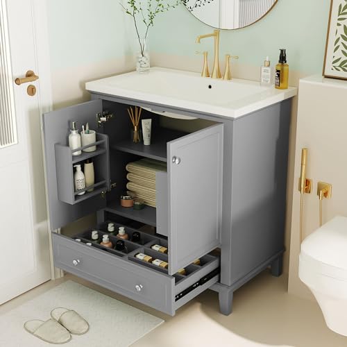 30 Inch Bathroom Vanities with Undermount Ceramic Sink, Multi-Functional Drawer Divider, Two Doors with Storage Rack, Adjustable Shelf, Grey