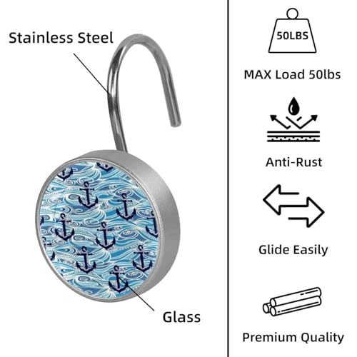 Rideau de douche bleu crochets inox pour tringle moderne