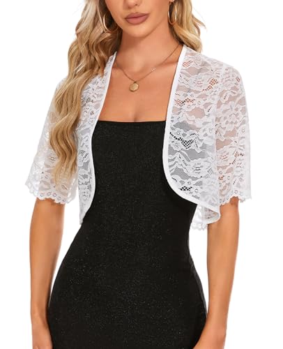 Image of MINTLIMIT Womens Floral Lace Bolero Half Sleeve Shrug Open Front Elegant Cropped Cardigan Shrugs for Evening Party Dresses