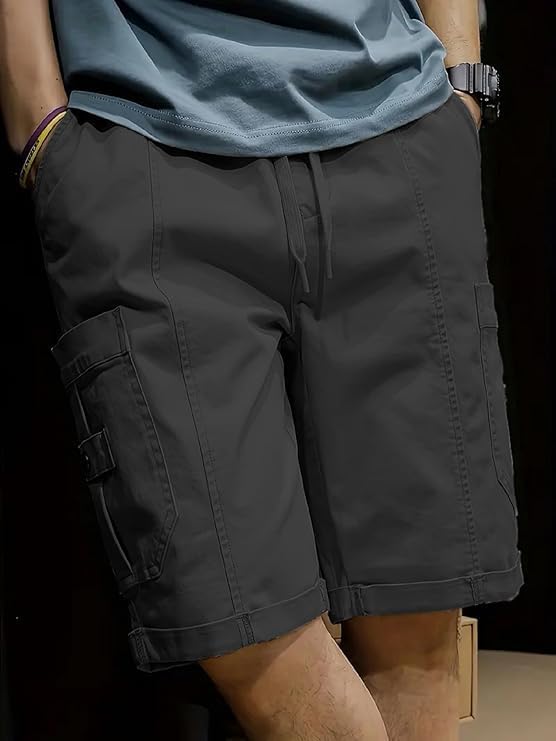 Image of Men's 100% Pure Cotton Cargo Shorts | Regular Fit Knee Length Utility Shorts with Multiple Pockets | Casual Outdoor Summer Wear Shorts for Men