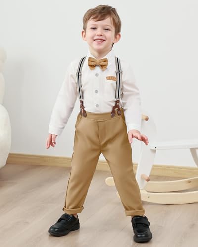 Image of YALLET Toddler Baby Boy Clothes Suit Gentleman Wedding Outfits Formal Dress Shirt+Bowtie+Suspender Pants