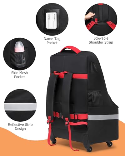 Image of MCBD Car Seat Travel Bag for Airplane, Foldable Baby Carseat Backpack for Travel Padded Carseat Carrier for Airport Gate Check, Infant Stroller Cover with Reflective Strips