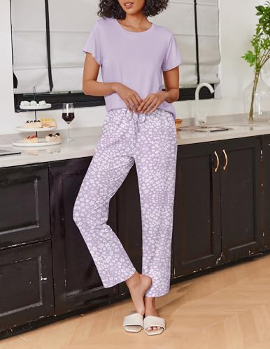 Image of Ekouaer 2 Pack Pajamas for Women Set Short Sleeve Sleepwear Top and Pants Pjs Soft Printed Lounge Sets with Pockets