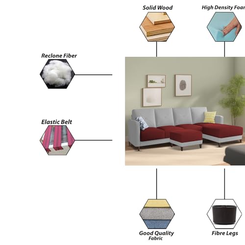 Image of Baloney RHS 6 Seater L Shape Sofa Set with Center Table for Living Room (Maroon Grey Fabric) Premium Fabric Sofa