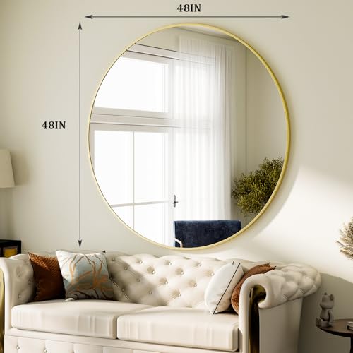 Image of HARRITPURE 48 Inch Round Mirror, Gold Circle Bathroom Mirror, Modern Aluminum Alloy Frame Large Vanity Wall Mirror for Living Room, Bedroom, Entryway