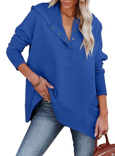 onlypuff Womens V Neck Sweatshirt Pullover Hoodies Button up Hooded Sweatshirt Juniors Oversized Top with Pocket Royal Blue XL