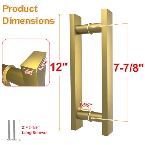 Image of 12 inch Titanium Gold Square Barn Door Pull Handle Double Sided | Heavy Duty 304 Stainless Steel, 7-7 /8 inch Hole Spacing, Fits 3 /4 inch-2 inch Thick Barn, Front Entry, Sliding & Exterior Doors