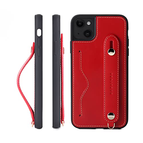 iPhone 14 Plus ケース 本革 グリップケース レザー ストラップ付属 イタリア製牛革 ヌメ革 片手操作 カード収納 スタンド機能 メンズ レディース レッド CGH-14Plus-Red
