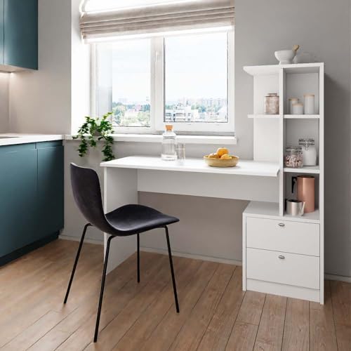 Vicco Denton Dining Table, White, 136 x 55 cm with 2 Drawers and Open Storage Compartments for Flexible Organisation - Image 2