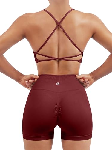 Image of SUUKSESS Women Seamless Workout Sets Strappy Sports Bra High Waist Booty Shorts Outfits