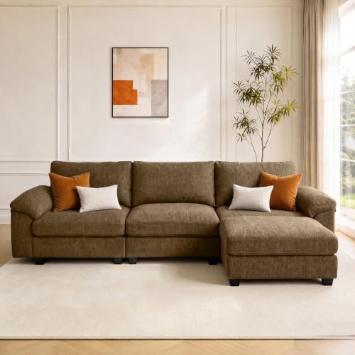 Image of Sectional Couches for Living Room, 109 inch L Shaped Cloud Sofa & Couch | Upholstered Armres, 22 inch Seat Depth, Movable Ottoman, Comfy Chenille, Easy Assembly, Taupe