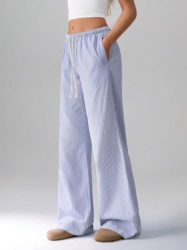 ZAFUL Casual Pants for Women, Pajama Pants Stripe Home Pants Palazzo Drawstring Waist Straight Leg4