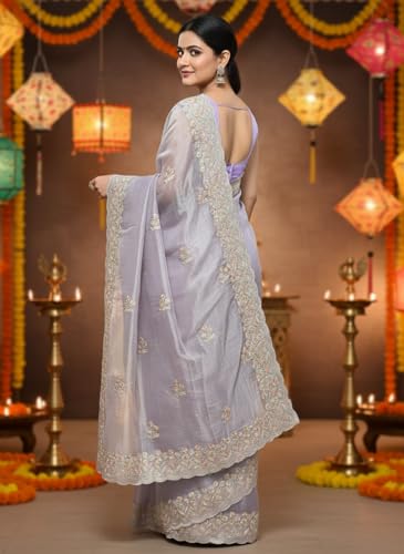 Image of Glory Sarees Women's Organza Chiffon Embroidery Work Scallop Border Saree With Blouse Piece (Chiffon101 Parent)