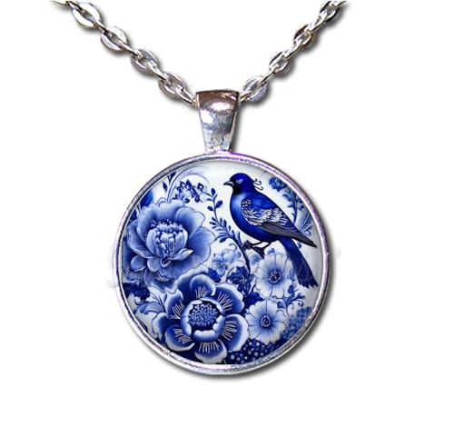 Delft Dutch Design Pottery Blue White Bird Handmade ROUND Glass Pendant Necklace Jewelry (24 Bright Silver Tone)