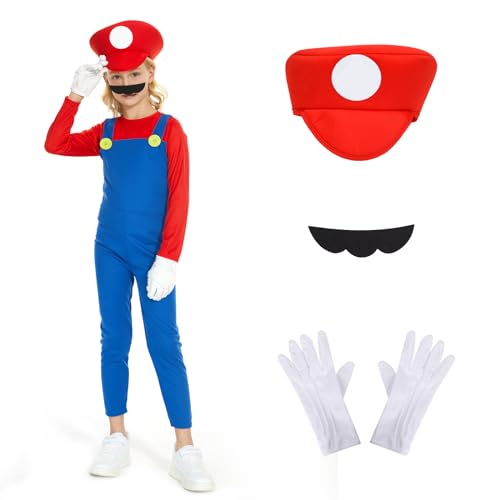 JONRRYIN Juego de disfraz de fontanero, disfraz de fontanero, disfraz de carnaval para hombre, ropa infantil, gorro + pantalón + barba, disfraz para hombre y adulto para carnaval, cosplay (niños, S)