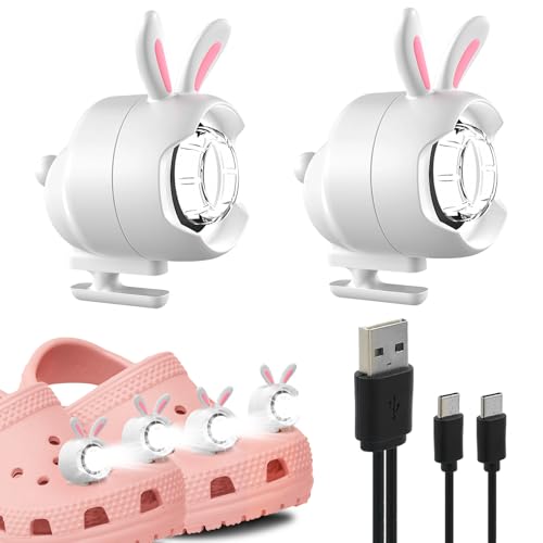 Shoe Lights 2PCS, Rechargeable Rabbit Shoe Charm Lights for Croc ＆ Clog Shoes, IPX5 Shoe Charm Accessories Flashlight with 3 Lighting Modes, Shoe Headlights for Camping Dog Walking, Gift for Kids