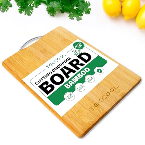 Image of TEKCOOL Bamboo Chopping Board /Vegetable Cutting Board for Kitchen with Metal Handle | Natural Bamboo | Recyclable | Biodegradable (30cm X 20cm):