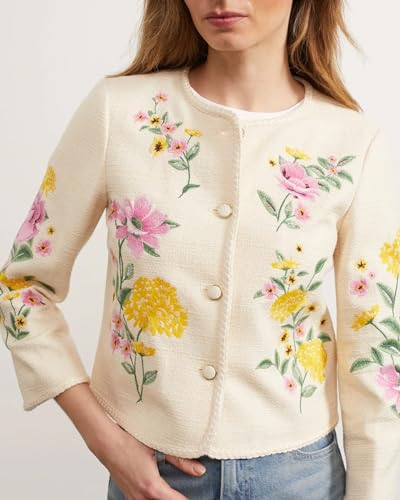 Women's Embroidered Floral Tweed Jacket Cropped Collarless Lightweight Open Front Elegant Jackets2