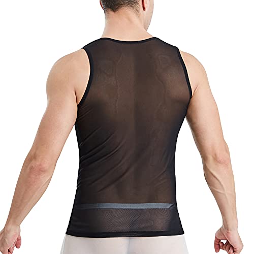 Men's Ice Silky Mesh Sheer Tank Tops Summer Undershirt Sleeveless Semi See Thru Tee Fitted Gym Workout Muscle Top Vest Black Large #TOP3