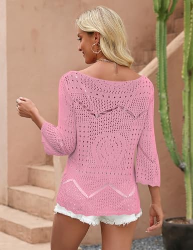Image of Rapbin Womens Crochet Hollow Out Knit Tops 3 /4 Sleeve Spring Summer Sweaters Beach Cover Ups for Women Trendy 2026
