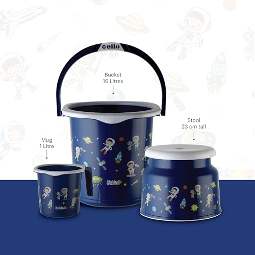 Cello Kidzbee Cosmic Explorer Splash Bathroom Set | Sturdy and Durable | Lightweight and Rigid | Easy to Clean and Attractive Design | Blue, Set of 3