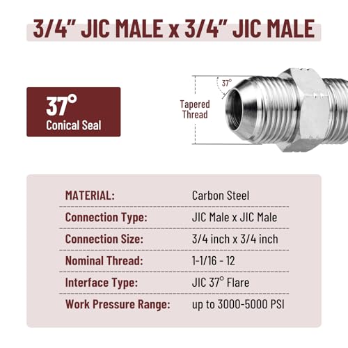 Image of 10 Pack Hydraulic Hose Adapter Fittings: 3 /4 inch JIC Male x 3 /4 inch JIC Male, Straight Tube Hydraulic Connectors with Protection Cover | Carbon Steel JIC 37 Flare Hydraulic Crimp Connectors with Protective Cover, Secure Connection for Hydraulic Assembly System