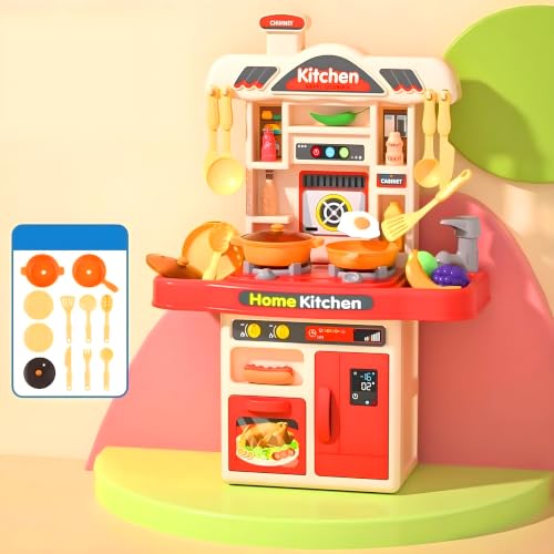 Image of Cable World Kids Kitchen Play Set for Kids| 50 Pieces Pretend Play Cooking Set with Utensils, Pots, Pans, Fruits & Vegetables | Mini Kitchen Toy with Storage Cabinet | Educational Role Play Toy
