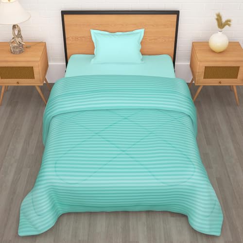 Image of Single Bed Comforter 180 GSM Reversible Microfiber | Comforter Single | AC Comforter Single Bed | Lightweight All Season Comforter | Blanket Single Size - Cyan Blue & Stripes