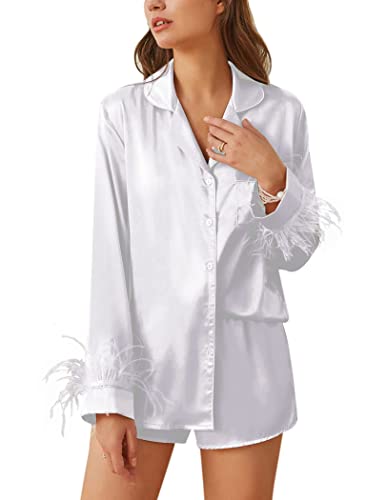 Ekouaer Bridal Feather Pajamas for Women Set Silk Satin Wedding Pjs Long Sleeve Party Sleepwear with Removable Feather Trim