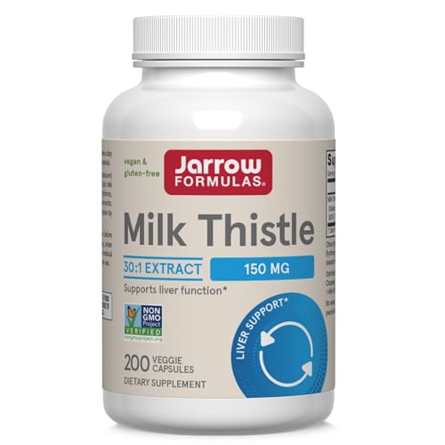 Jarrow Formulas Milk Thistle Supplement 150 mg. 30:1 Milk Thistle Extract Standardized to 80% Total Flavonoids, Dietary Supplement for Liver Function Support, 200 Veggie Capsules, Up to 200 Day Supply
