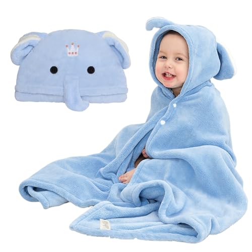 Image of Cute Animal Hooded Baby Towel Soft Coral Fleece Baby Towels with Hood Toddler Bath Towel Large 27 x 55 Inch Ultra Absorbent Hooded Bath Towels for Babies Baby Bath Towel（Bule B