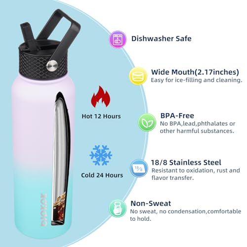 Image of BJPKPK 2 Pack 40oz Insulated Water Bottles with Straw Lids, Stainless Steel