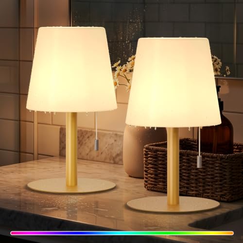 Image of uuffoo Shower Lamp Rechargeable Cordless Light Waterproof for Bathroom Spa | Portable Battery Operated Table Lamp RGB Mood Lighting LED Night Light for Patio kitchen Camping (2PCS Gold)