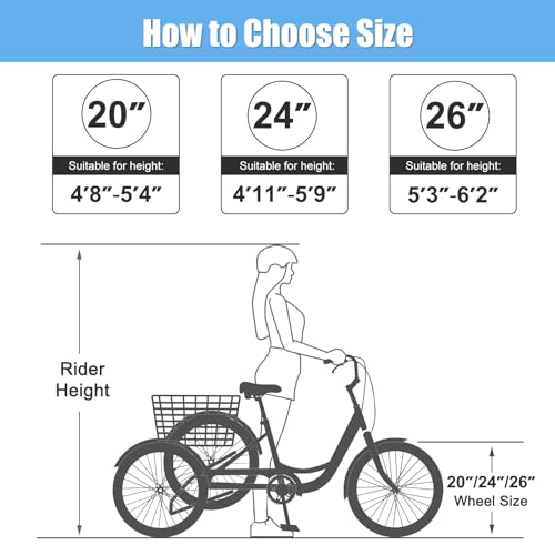 Slsy Adult Tricycles 7 Speed, Adult Trikes 20/24/26 inch 3 Wheel Bikes, Three-Wheeled Bicycles Cruise Trike with Shopping Basket for Seniors, Women, Men.