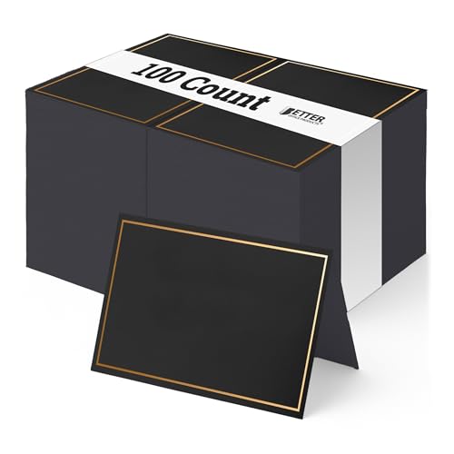 Better Office Products 100 Pack Gold Metallic Border Place Cards, 2 x 3.5 in, Folded Table Tent Cards for Weddings, Dinner Parties, Buffet Banquets,(Black)