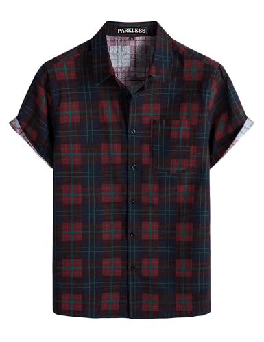 PARKLEES Men's Casual Linen Plaid Hawaiian Shirt Short Sleeve Button-Down Shirt Gingham 70s Hippie Beach Resort top Red Plaid X-Large
