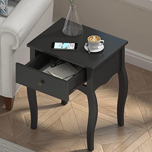 Choochoo End Table With Wavy Silhouette & Curved Legs, Narrow Nightstand With Storage Drawer, Modern Side Table, Wood Night Stand For Bedroom, Small Spaces, 18.7" L X 13.7" W X 21.6" H (1, Black) #TOP2