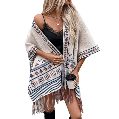 Women's Boho Open Front Poncho Casual Loose Knitted Shawl Wraps Cape Tassel Aztec Cardigan Sweater for Fall Winter - Main Image