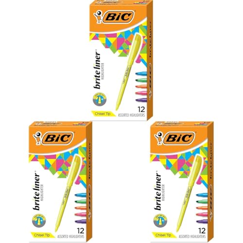 Image of BIC Brite Liner Highlighters, Chisel Tip, 12-Count Pack of Highlighters Assorted Colors, Ideal Highlighter Set for Organizing and Coloring (Pack of 3)