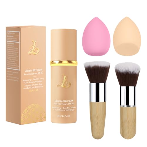 Match Foundation 4-in-1 with SPF 50 : Color Changing Foundation Medium Spectrum with 2 Brushes and 2 Cosmetics Sponge – Moisturizing & Concealer Face Makeup for All Skin Types