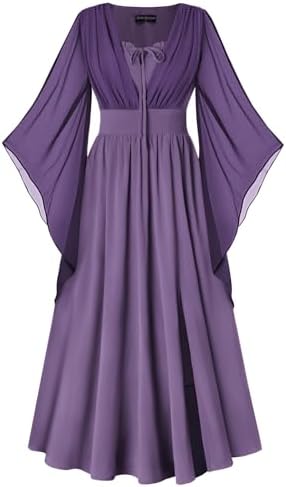 SCARLET DARKNESS Damen Renaissance Korsett Kleid Mittelalter Maxi Kleider | V-Ausschnitt, 3/4 glockenärmel, Hohe Taille, Gesmoktes Rückenteil, Schlitz vorne links am Saum, Kostüm f