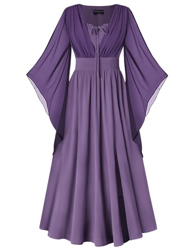 SCARLET DARKNESS Damen Viktorianischer Kleid V-Neck Lace-up vorne 3/4 Glockenärmel Festliche Lange Kleider Lila S