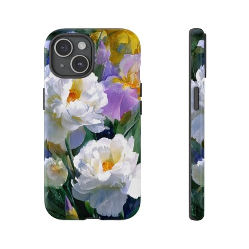 Coque iPhone 15 rigide brillante fleurie pivoines blanches lilas, protection rigide antichoc