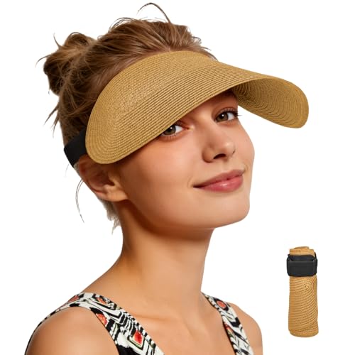 Sukeen Straw Visors for Women Packable Beach Hat for Travel Vacation Beige
