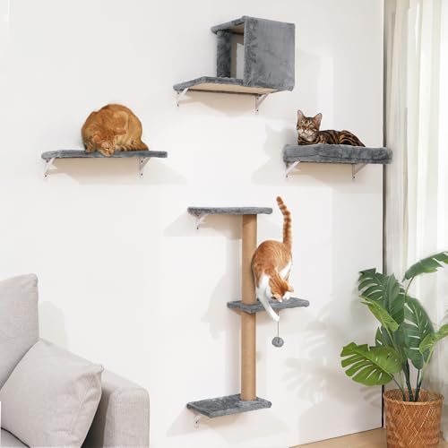 FUKUMARU Conjunto de Pared escalable para Gatos en Resistente Panel Multicapa, Incluye Hamaca, casita, Puente, rascador y Escalera, soporta hasta 18 kg, Color Gris Claro