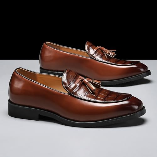 Men's Tassel Loafers Crocodile-Pattern PU Leather Slip-On Dress Shoes for Business, Wedding, and Casual Wear (Black/Brown),Brown,123