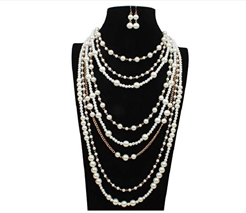 Askana Women'S Vintage Retro Classic Style 1920S Fashion Faux Simulate Pearls White Beads Long Multi-Layer Layered Statement Strands Necklace With Earrings thumb #1
