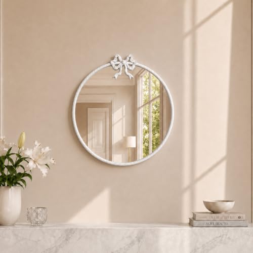 Image of 16 Inch White Circle Mirror Round Wall Mirror Vintage Bow Mirror Decor