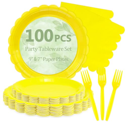 Image of 100 Cute Yellow Paper Plates and Napkins Disposable for Party, 25-9 inch&25-7 inch